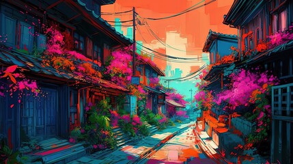 illustration of beautiful ancient Asian village in autumn or spring with colorful tree and flower, Generative Ai