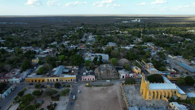 drone shot of church and mayan ruins at acanceh yucatan mexico