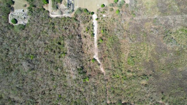 aerial shot of abandoned mayan ruins at ake yucatan mexico
