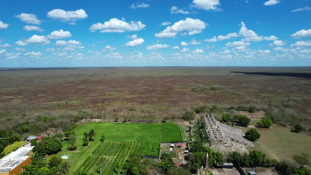 aerial shot of mayan ruins and ake hacienda during heavy drought in yucatan mexico