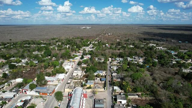 drone shot of main church at alcanceh yucatan