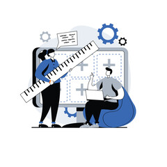 Website, web illustration with men and women with scale and laptop and settings illustration, vector style