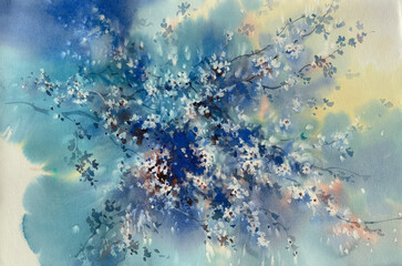 Sakura branches flowering watercolor background. Spring illustration