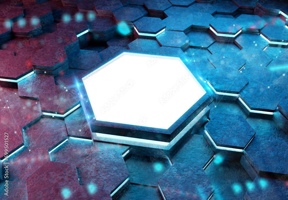 Poster Glowing pink and blue hexagons podium background pattern. Hexagonal metal Mockup with lights and reflections. 3D rendering