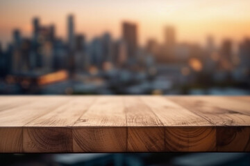 Empty wooden table in a futuristic cityscape. generative AI