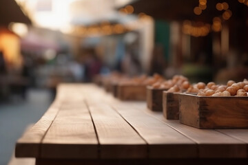 Empty wooden table in a lively farmer's market. generative AI
