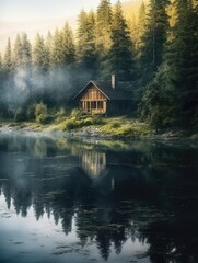 Fototapeta na wymiar Solitude: A House by the Lake in the Mountains on a Summer Evening 1. Generative AI