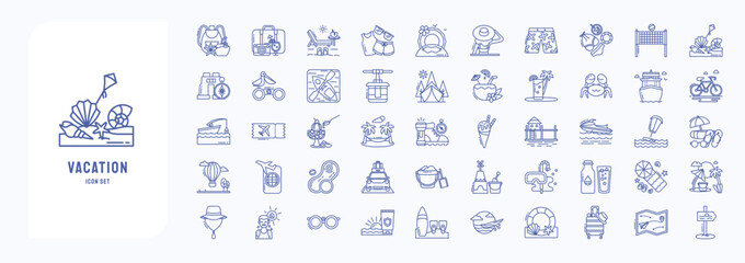 Fototapeta na wymiar A collection sheet of outline icons for Vacation and Travel, including icons like backpack, Trip, holiday, vacation and more