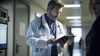 A doctor intently reviewing a patient's electronic health records. Generative AI