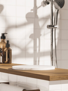 3d ceramic display podium with shower and bottles against ceramic tile wall in bathroom. 3d rendering of realistic presentation for product advertising. 3d interior illustration.