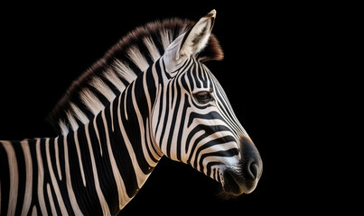 Fototapeta na wymiar Zebra isolated on black seen by profile. Generative AI