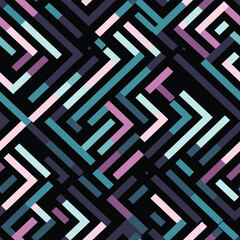 Striped Geometry: An Abstract Linear Pattern of Pastels and Geometric Shapes on a Black Background