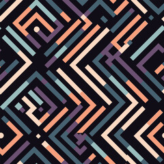 Linear Geometry: A Pastel Pattern of Geometric Shapes on a Striped Black Background