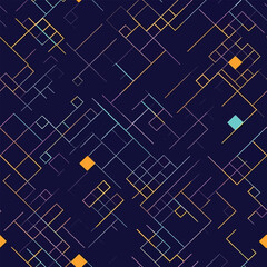 Color Fusion: A Seamless Pattern of Geometric Shapes in Dark Blue and Orange with Frequent Diagonals