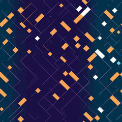Geometric Dreamscape: A Seamless Pattern of Abstract Blocks, Dots, and Diagonals in Dark Blue and Orange