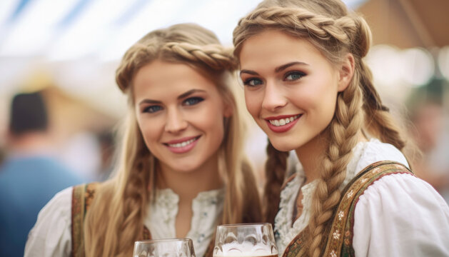 Two bff girls drinking beer and celebrating Oktoberfest in Munich. Generative AI illustrations