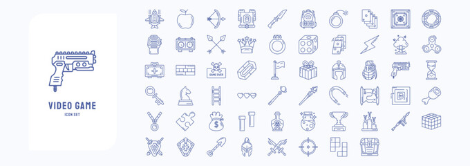 Fototapeta na wymiar A collection sheet of outline icons for Video Game Elements, including icons like Airplane, Armor, Crown, Dice and more