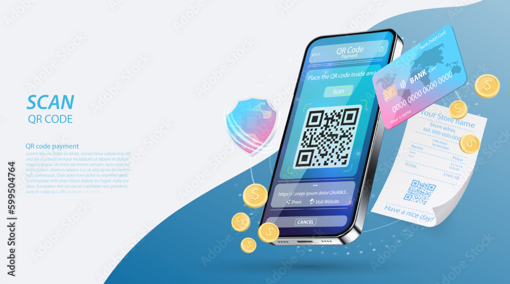 Wall mural scan qr code verification service page, machine-readable barcode on smartphone screen. mobile app fo