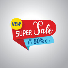 New Super sale banner, 50% off, special offer. Website sticker on a gray abstract background. original web page design.