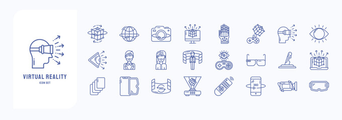 A collection sheet of outline icons for Virtual Reality, including icons like vr, augmented reality, Technology and more © Icongeek26