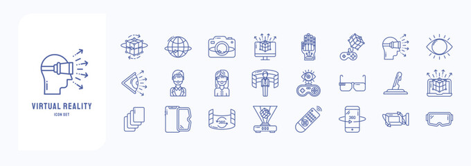 A collection sheet of outline icons for Virtual Reality, including icons like vr, augmented reality, Technology and more