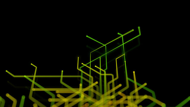 Green and Yellow Neon Lines form a Futuristic Technical Structure. Cyberspace Concept with copy-space.