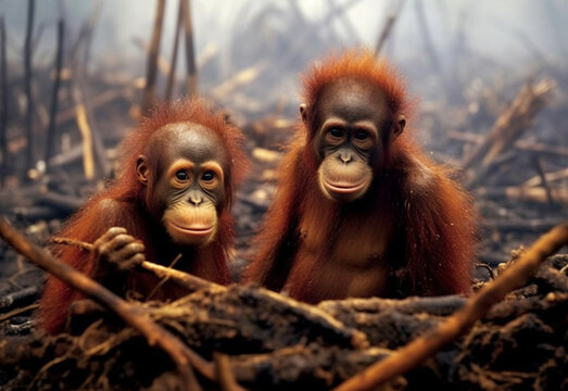 A potrait of poor orangutan looks sad at burning forest generative ai