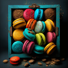 Cakes macaron or macaroon in wooden vintage box on blue table, colorful bright cookies.