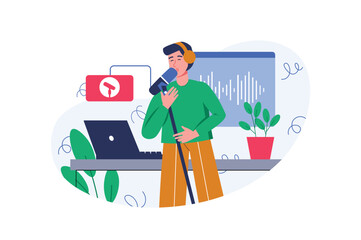 Creative workers color concept with people scene in the flat cartoon design. Guy is recording a new song in a special studio. Vector illustration.