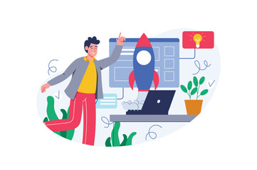 Creative startup color concept with people scene in the flat cartoon design. Man is happy because he realized his creative idea and launched first startup. Vector illustration.
