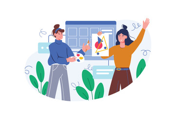 Design studio color concept with people scene in the flat cartoon style. Team of creative designers create sketches for projects. Vector illustration.