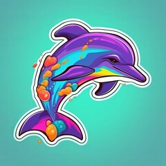 Dolphin Sticker, Bright Colors, Cartoon Style, cute dolphin sticker illustration of a dolphin jumping in water, Generative AI