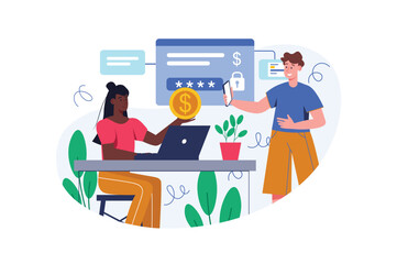 Online banking color concept with people scene in the flat cartoon style. Man pays for services using online banking. Vector illustration.