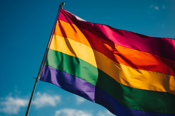 LGBTQ+ rainbow flag flying in the wind over a blue sky Generative AI