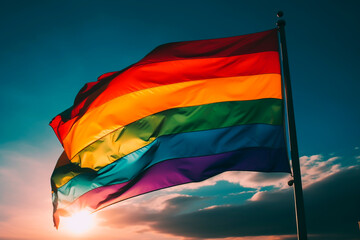 LGBTQ+ rainbow flag flying in the wind over a blue sky Generative AI