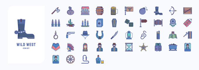 A collection sheet of linear color icons for Wild west and cowboy, including icons like Gun, gallows, Horseshoe, Knife and more	