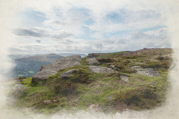 Digital watercolour painting of the view from Bamford Edge looking towards Win Hill in the Peak District National Park.