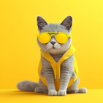 Cute cat in yellow sunglasses and vest on yellow background. AI  generated content.