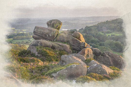Panoramic digital watercolour painting of The Roaches, and Hen Cloud from Ramshaw Rocks, Peak District National Park.