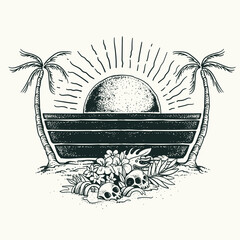 Tropical island with palm trees, sun and skull. Hand drawn vector illustration.
