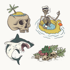 Set of hand drawn vector illustrations of pirate skull, skeleton, skull, fish and other elements
