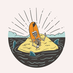 Surfer with surfboard on the island. Vector illustration in retro style
