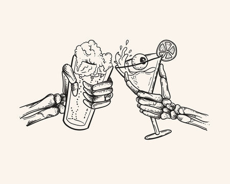 Hand drawn outline illustration of two hands holding a glass of cocktail with lime and ice
