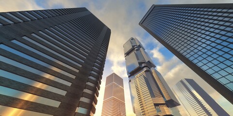 Fototapeta na wymiar Skyscrapers, high-rise buildings, skyscrapers sky view, modern buildings against the sky with clouds, 3d rendering