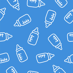 Blue seamless pattern with white baby bottles