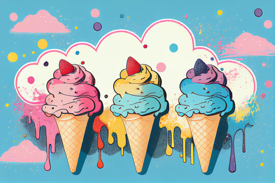 Cartoon illustration of ice cream. Greeting cartoon card