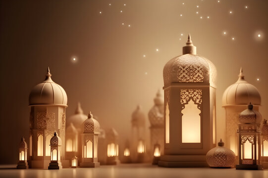 Postcard for the holiday Eid al adha. Mosques and minarets, lanterns on a beige background. With Generative AI tehnology