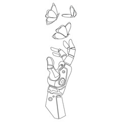 Bionic robotic hand touches flying butterflies Line art drawing for logo,emblem,print,poster template,vector illustration. artificial intelligence concept. Bionic arm sketch liner design