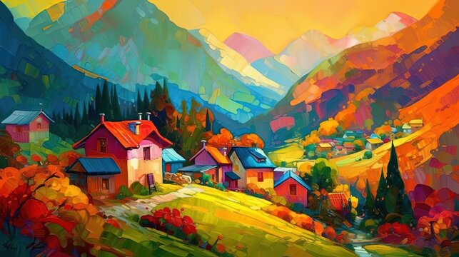 illustration of rural countryside hill village with panorama nature landscape, idea for home wall decor Generative Ai