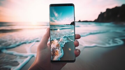 Hand golding phone up, showing a pictoral beach, sea. Beautiful template with hand golding phone up on blue background. Water wave.